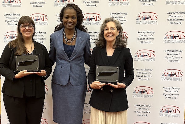 Chancellor Ellen Lyle and LAS attorney Allison Jones receive the B. Riney Green Award from TALS