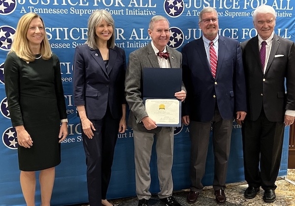 Tennessee Supreme Court Justice Campbell, Chief Justice Kirby, TBA President Jim Barry, Justice Bivins, Texas Supreme Court Chief Justice Hecht at Pro Bono Recognition Event October 10, 2023