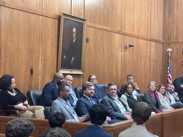 TBA leaders serve as jurors during the championship round of the 2025 State High School Mock Trial Competition