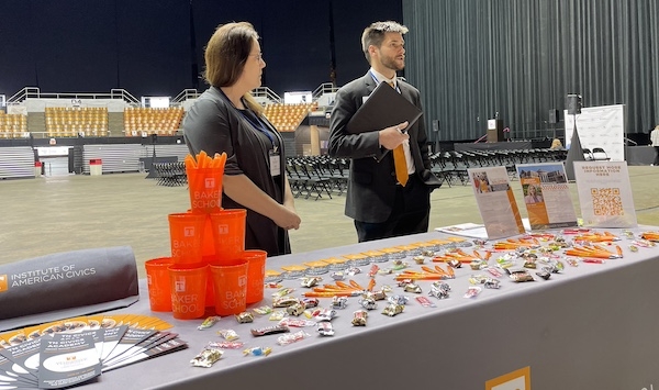 Jon Ring and Frankie Weaver with the UT Baker School talk to students at the 2024 Tennessee State High School Mock Trial Competition Award Ceremony