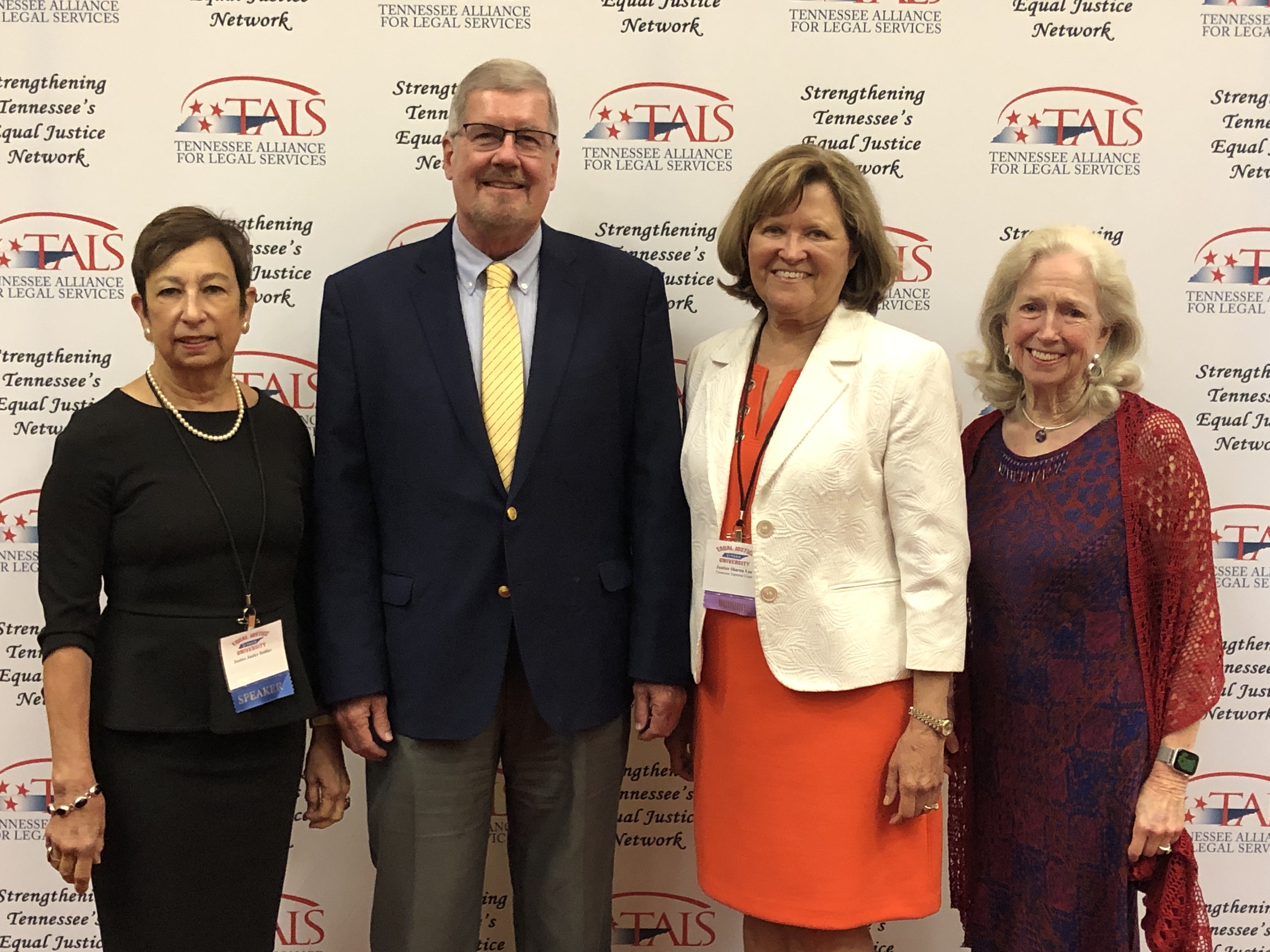 Retired Tennessee Supreme Court Justices Janice Holder (left) and Sharon Lee with Justice Jeffrey Bivins and Claire Drowota (right).