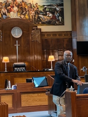 Judge Curtis Collier speaks to group in the historical third floor courtroom of the federal building in Chattanooga