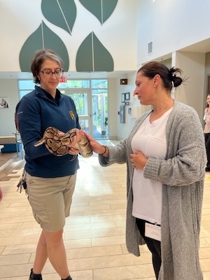 Zoo employee shows program attendees a python