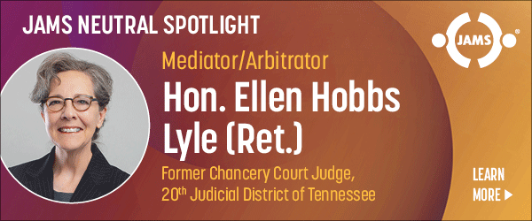 Banner ad from JAMS promoting former Judge Ellen Lyle as a new mediator